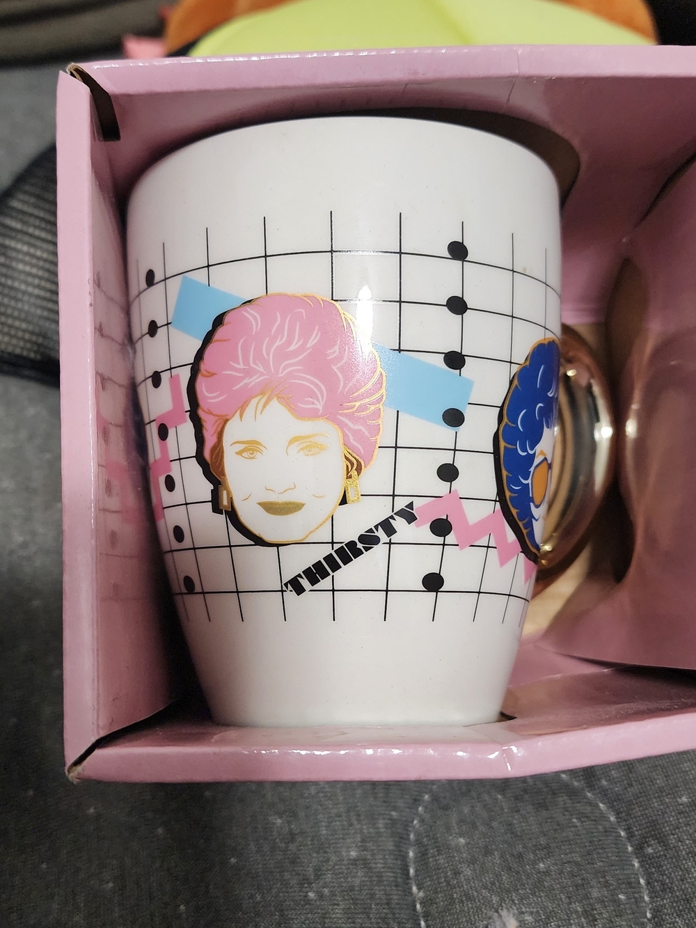 Retro Graphic White Ceramic Mug with Pink & Blue Portraits